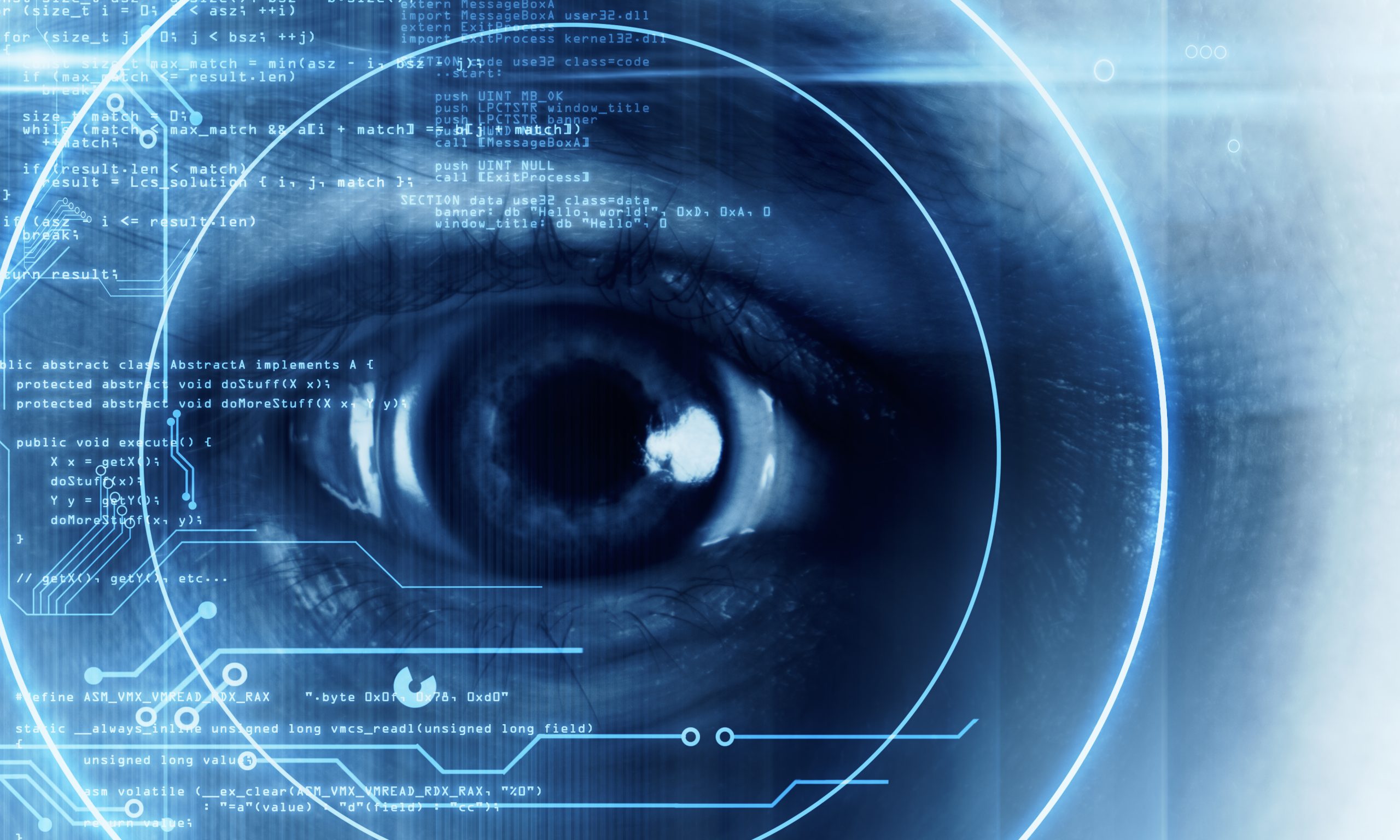 Computer Vision_ Objekterkennung_Aufnahme eines Auges mit digitaler Business-Hud-Schnittstelle. Konzept für Gesichtserkennung und Passwort. Mehrfache Belichtung